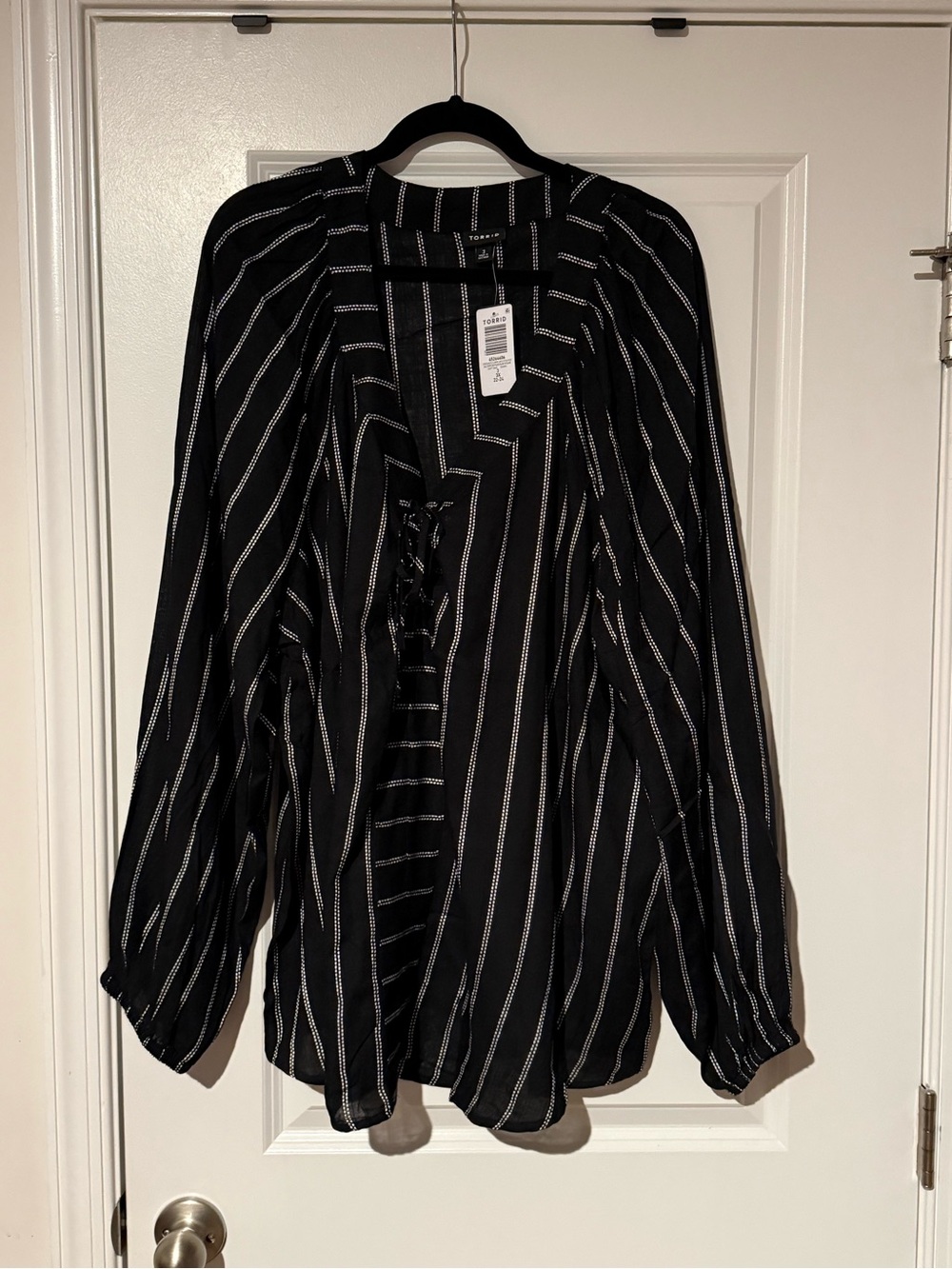 torrid Black Pinstripe Lace-Up Blouse